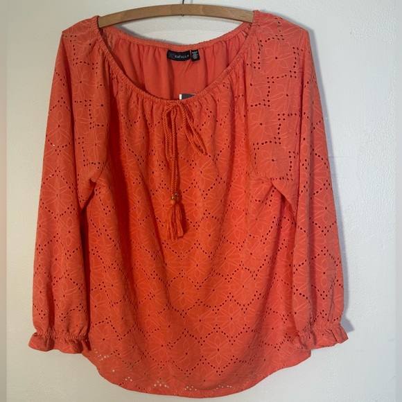 Rafaella Top Eyelet Peasant Blouse M 3/4 Sleeve Tie Front NWT Orange Boho Medium - Picture 3 of 9